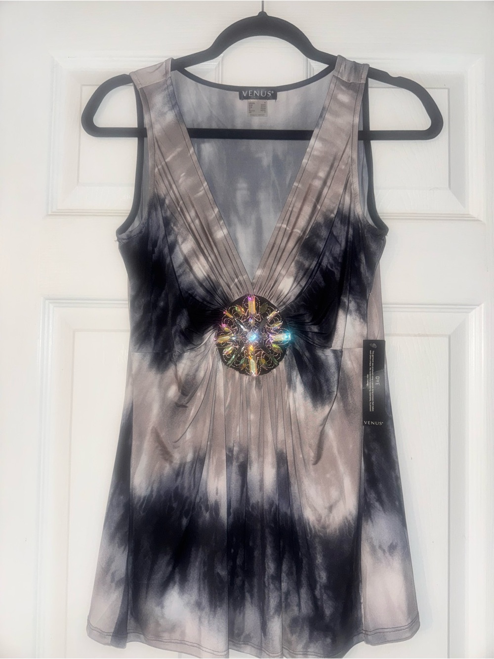 VENUS Black and Gray Sheer Neckline Blouse